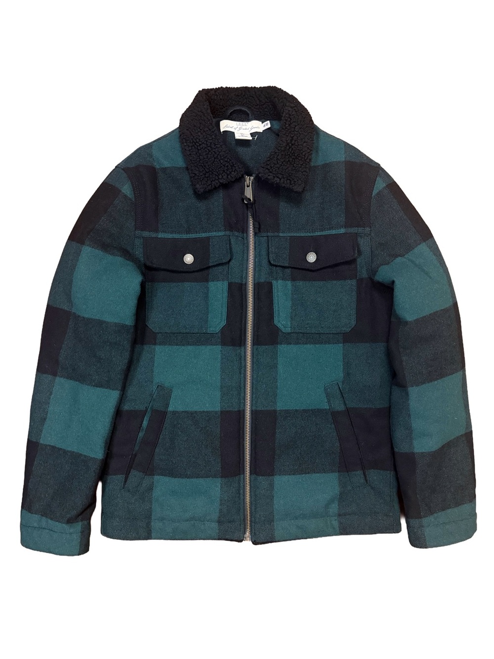 EUC H&M - Buffalo Plaid Jacket Green Black Sherpa Collar Quilted Lining sz. S